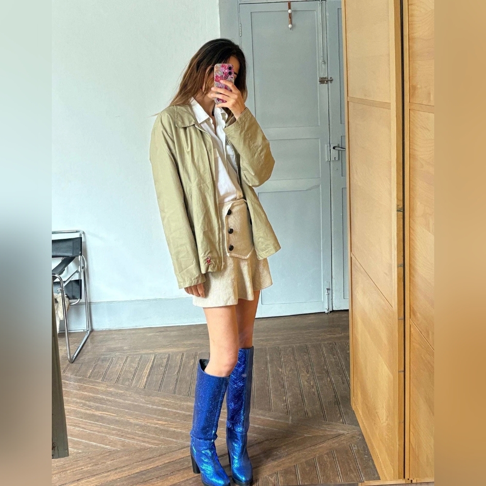 Beige Jacket with Blue Boots